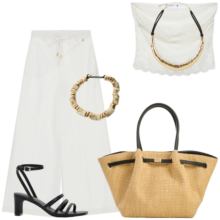 Outfit donna - Chic in città. Stile Casual chic per Tutti i giorni. Abbinamento con sandali col tacco, collane, shopping bag, top, braccialetti, pantaloni a palazzo.