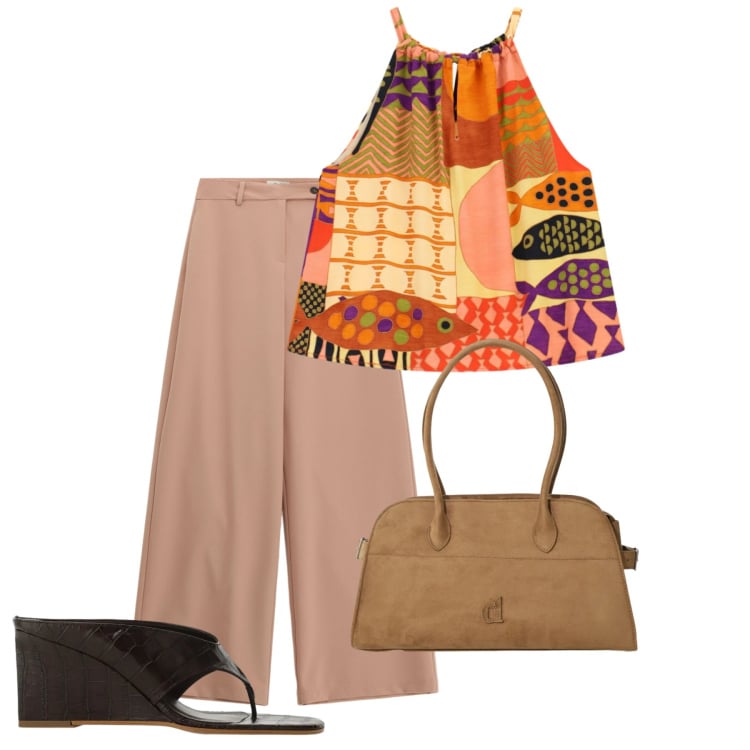 Outfit donna - Agosto. Stile Bon Ton per Tutti i giorni. Abbinamento con top, borse a spalla, pantaloni a palazzo, sandali col tacco.
