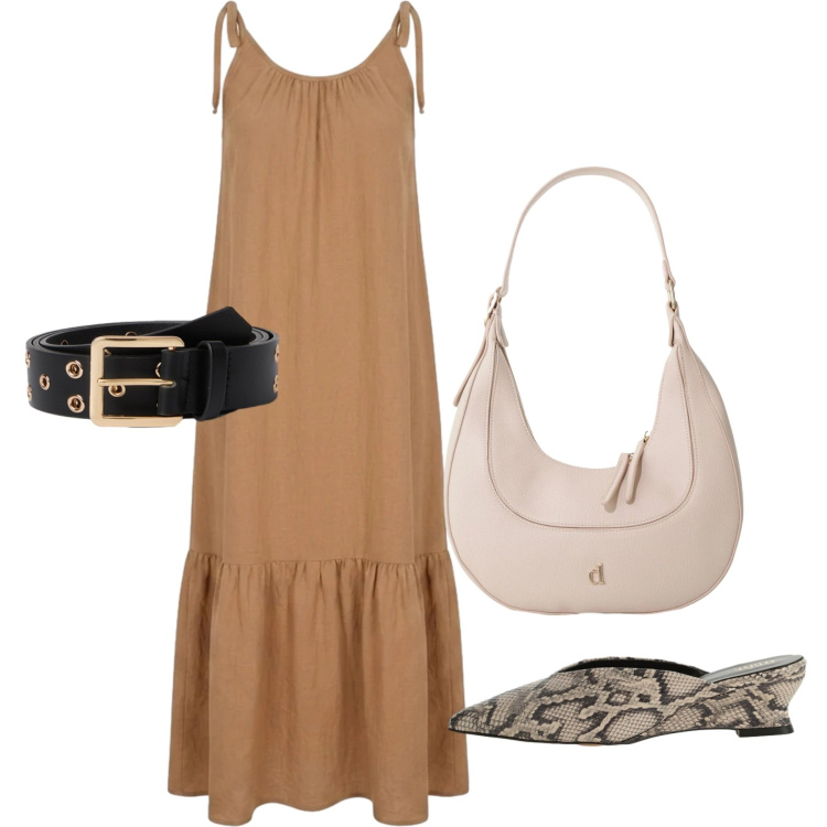 Outfit donna - Agosto. Stile Bon Ton per Tutti i giorni. Abbinamento con sabot, borse a tracolla, vestiti, cinture.