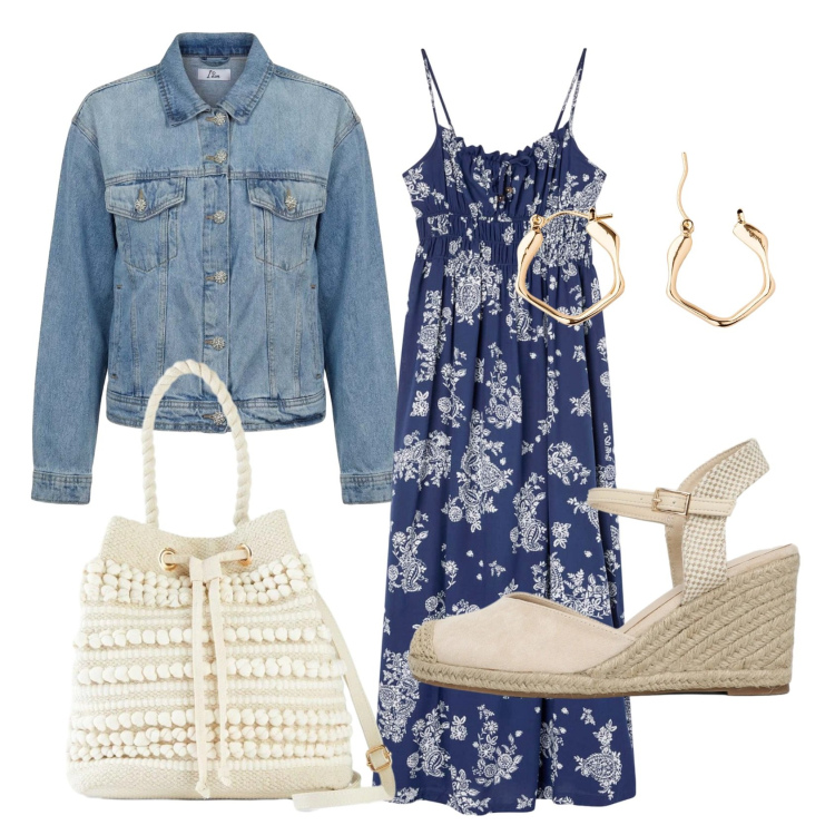 Outfit donna - Sere d\'estate. Stile Boho per Serata fuori. Abbinamento con borse a secchiello, orecchini, zeppe, vestiti lunghi, cappotti.