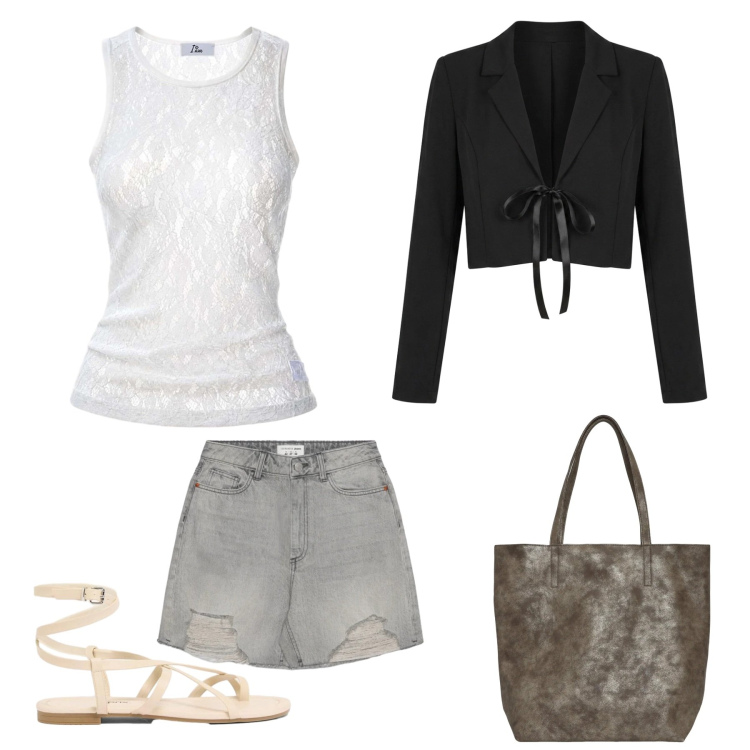 Outfit donna - Casual. Stile Casual per Tutti i giorni. Abbinamento con sandali, shorts, shopping bag, top, bolero.