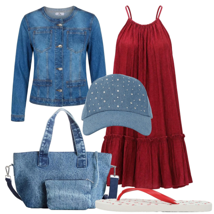 Outfit donna - Total look #2447518. Stile Casual per Tutti i giorni. Abbinamento con borse a mano, cappelli, infradito, vestiti corti, blazer.