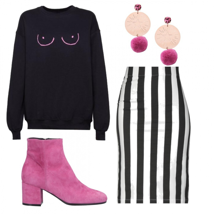 Outfit donna - Glimmed. Stile Trendy per Tutti i giorni. Abbinamento con gonna al ginocchio, stivaletti effetto scamosciato con tacco squadrato e zip con punta tonda tinta unita, orecchini con strass e farfallina in oro rosa, felpa glitter girocollo nero e rosa.