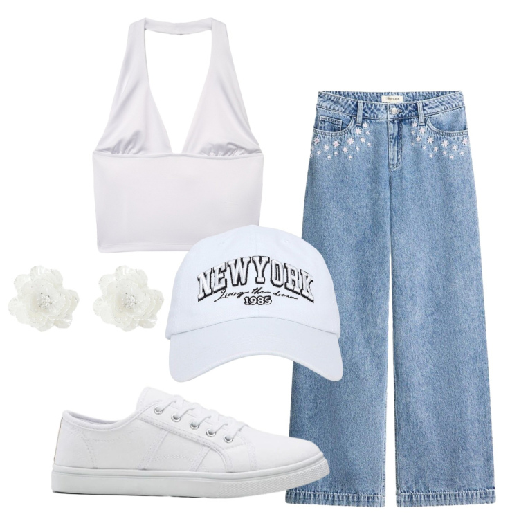 Outfit donna - Total look #2447529. Stile Casual per Tutti i giorni. Abbinamento con jeans, sneakers, cappelli, top, orecchini.