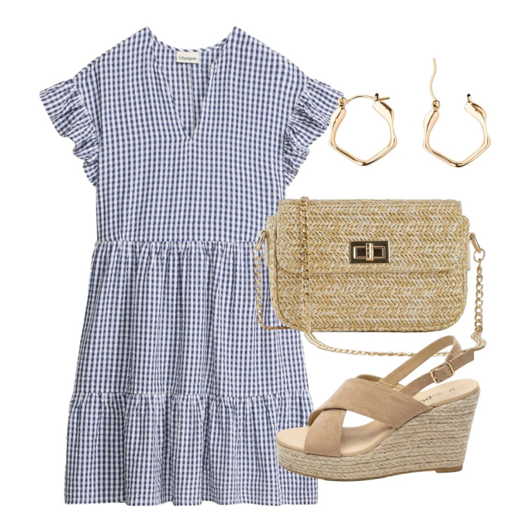 Outfit donna - Balze e rouches vichy. Stile Bon Ton per Tutti i giorni. Abbinamento con vestiti corti, sandali col tacco, borse a tracolla, orecchini.