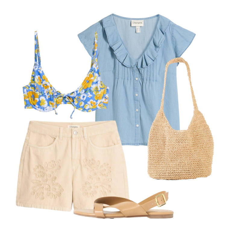 Outfit donna - Mare. Stile Bon Ton per Mare. Abbinamento con bermuda, sandali, top, bikini, shopping bag.