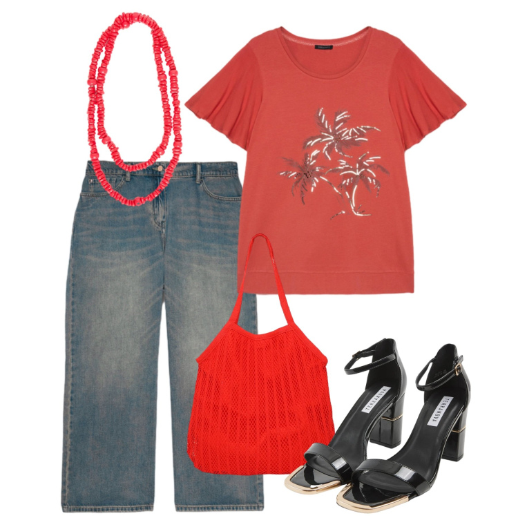 Outfit donna - Scarlet. Stile Casual per Tutti i giorni. Abbinamento con sabot, shopping bag, jeans, collane, t-shirt.