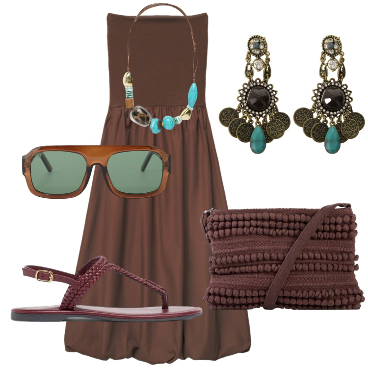 Outfit donna - Total look #2447540. Stile Boho per Tutti i giorni. Abbinamento con borse a tracolla, ciabatte, vestiti midi/longuette, occhiali da sole, orecchini, collane.