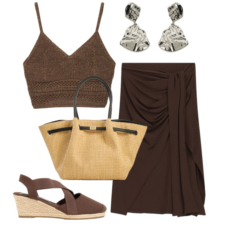 Outfit donna - Brownie. Stile Chic per Tutti i giorni. Abbinamento con zeppe, shopping bag, top, orecchini, gonne longuette.