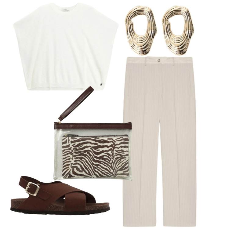 Outfit donna - Pochette. Stile Bon Ton per Tutti i giorni. Abbinamento con sandali in pelle, pochette, orecchini, top, pantaloni.