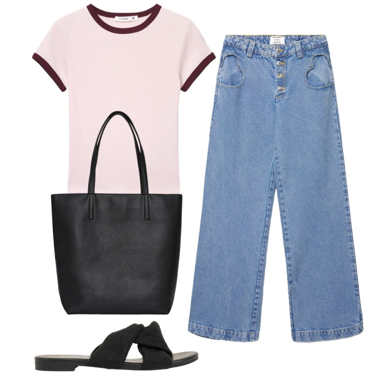 Outfit donna - Università. Stile Casual per Scuola/Università. Abbinamento con sandali, borse tote, t-shirt, jeans.