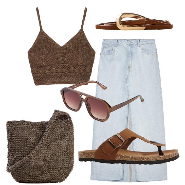 Outfit donna - Total look #2447546. Stile 70s per Tutti i giorni. Abbinamento con shopping bag, cinture, infradito, occhiali da sole, top, gonne lunghe.