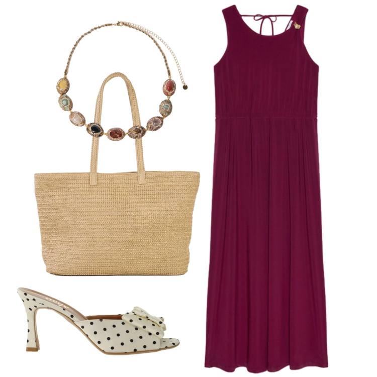 Outfit donna - Pretty. Stile Chic per Tutti i giorni. Abbinamento con shopping bag, sandali col tacco, collane, vestiti lunghi.