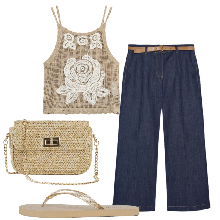 Outfit donna - Total look #2447551. Stile Boho per Tutti i giorni. Abbinamento con borse a tracolla, infradito, top, jeans.