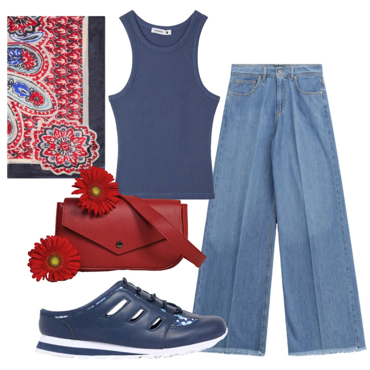 Outfit donna - Total look #2447552. Stile Sporty chic per Tutti i giorni. Abbinamento con ciabatte, canottiere, jeans, borse a tracolla, foulard.