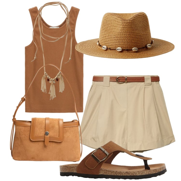 Outfit donna - Safari. Stile Casual per Tutti i giorni. Abbinamento con infradito, cappelli, shorts, collane, top, borse a tracolla.