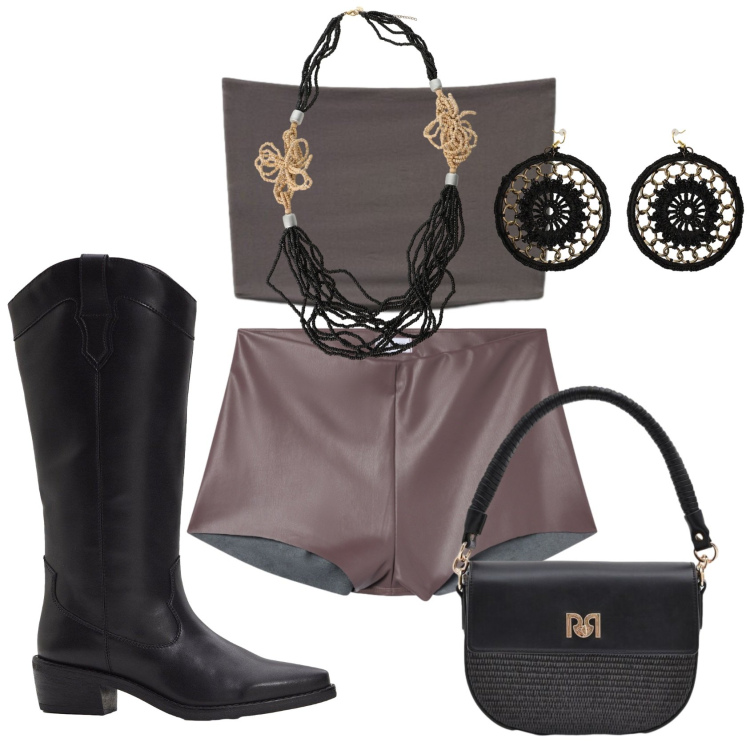 Outfit donna - Serata in discoteca. Stile Trendy per Serata fuori. Abbinamento con stivali, shorts, top, orecchini, collane, borse a spalla.