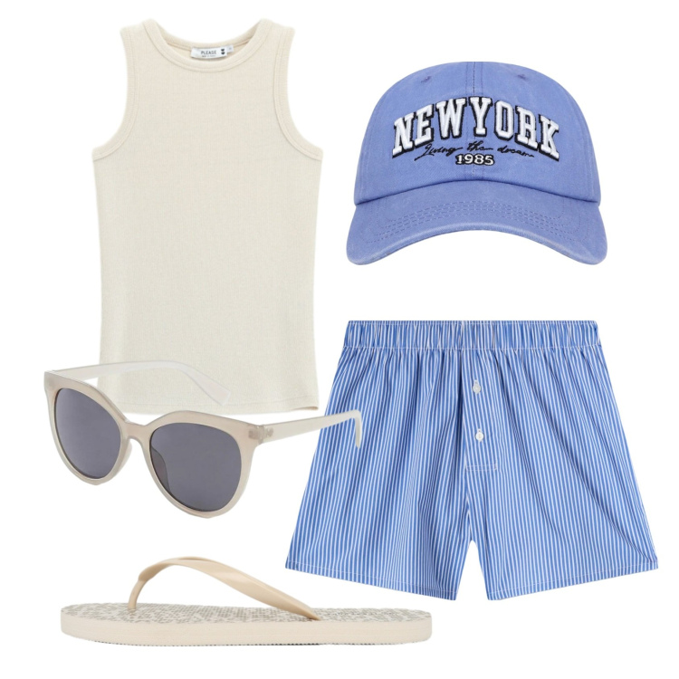 Outfit donna - Total look #2447556. Stile Trendy per Tutti i giorni. Abbinamento con occhiali da sole, cappelli, pantaloni corti, infradito, canottiere.
