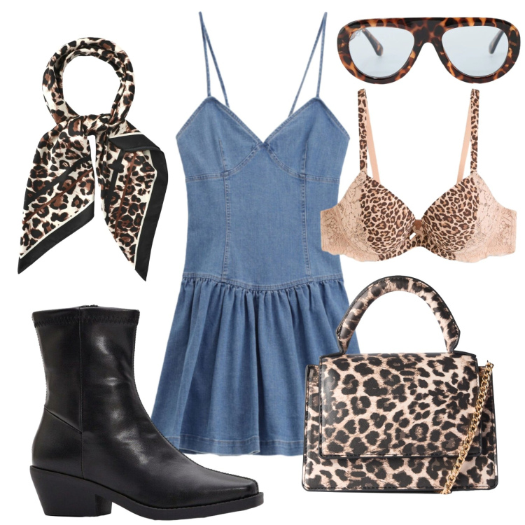 Outfit donna - Accessori animal print. Stile Trendy per Tutti i giorni. Abbinamento con stivaletti, reggiseni, borse a tracolla, foulard, vestiti corti, occhiali da sole.