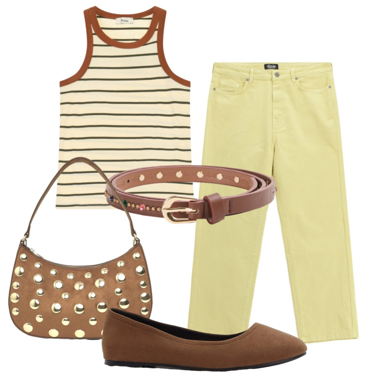 Outfit donna - Total look #2447559. Stile Casual per Tutti i giorni. Abbinamento con ballerine, borse a tracolla, cinture, jeans dritti, top.