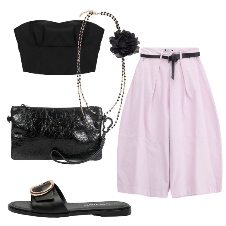 Outfit donna - Total look #2447562. Stile Trendy per Serata fuori. Abbinamento con ciabatte, pantaloni a palazzo, top, collane, pochette.