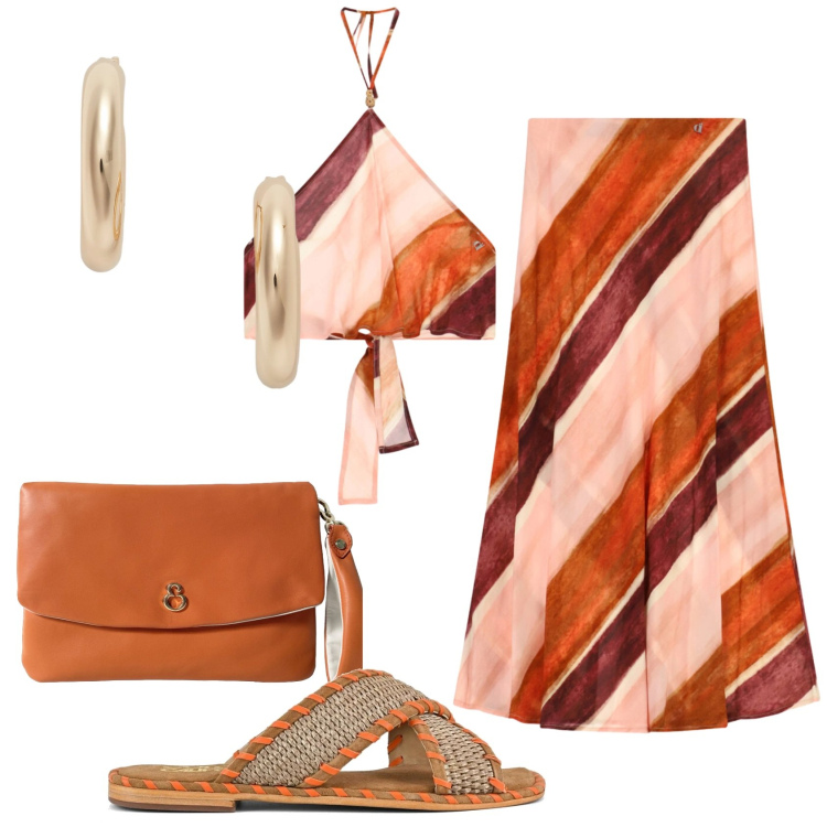 Outfit donna - Total look #2447564. Stile Etnico per Tutti i giorni. Abbinamento con gonne longuette, top, orecchini, pochette, ciabatte.