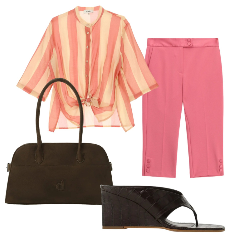 Outfit donna - Total look #2447572. Stile Vintage retrò per Tutti i giorni. Abbinamento con sandali col tacco, camicie, borse a spalla, pantaloni capri.