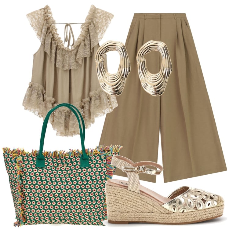 Outfit donna - Total look #2447578. Stile Boho per Tutti i giorni. Abbinamento con top, orecchini, pantaloni a palazzo, zeppe, shopping bag.