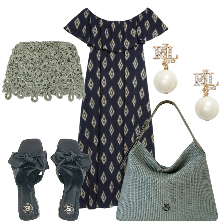 Outfit donna - Total look #2447598. Stile Trendy per Tutti i giorni. Abbinamento con accessori per capelli, vestiti lunghi, orecchini, borse a spalla, ciabatte.