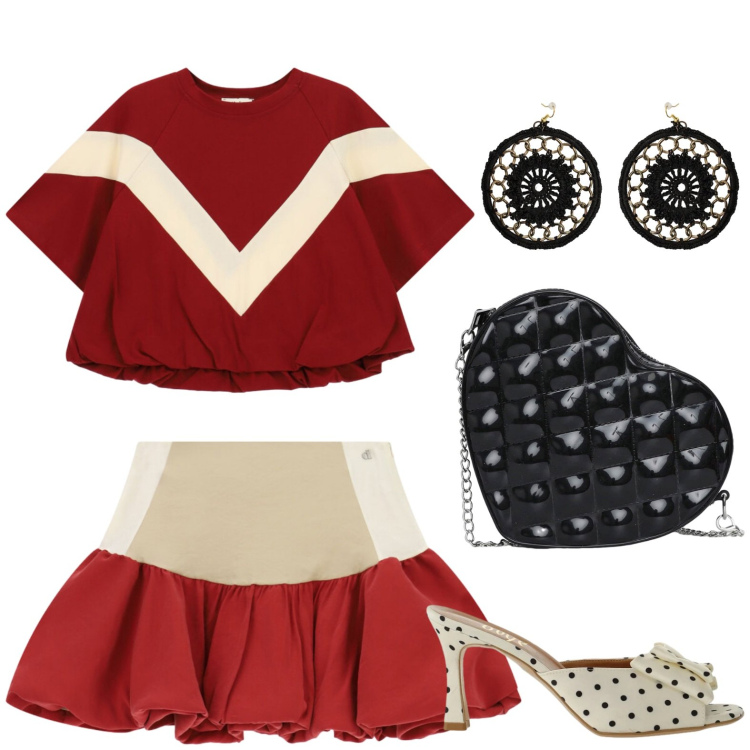 Outfit donna - Chic trendy. Stile Glamour per Cerimonia. Abbinamento con borse a tracolla, sandali col tacco, minigonne, orecchini, t-shirt.