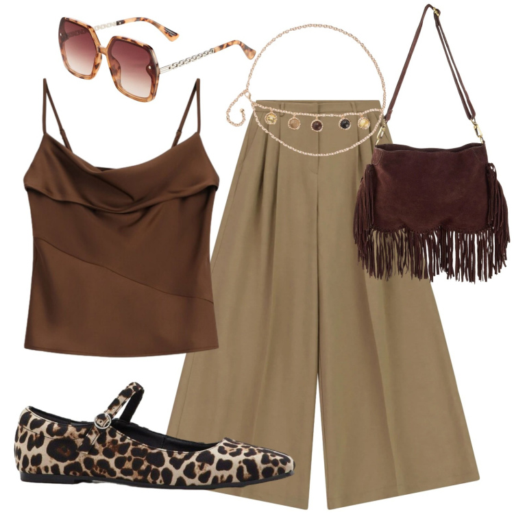 Outfit donna - Chic fresca. Stile Boho per Tutti i giorni. Abbinamento con canottiere, pantaloni a palazzo, cinture, borse a tracolla, ballerine, occhiali da sole.