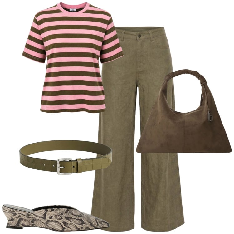 Outfit donna - Agosto. Stile Casual chic per Tutti i giorni. Abbinamento con pantaloni a palazzo, t-shirt, borse a spalla, sabot, cinture.