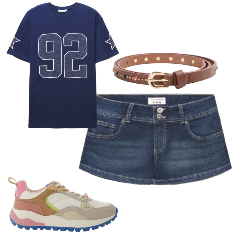 Outfit donna - Agosto. Stile Casual per Tutti i giorni. Abbinamento con cinture, shorts, t-shirt, sneakers.