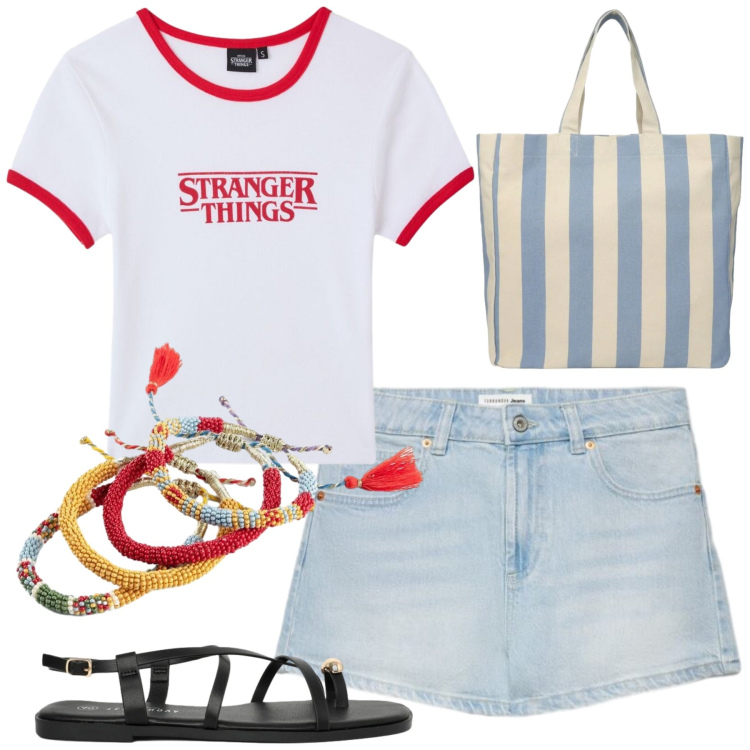 Outfit donna - Total look #2447621. Stile Casual per Tutti i giorni. Abbinamento con braccialetti, shopping bag, sandali, t-shirt, shorts.