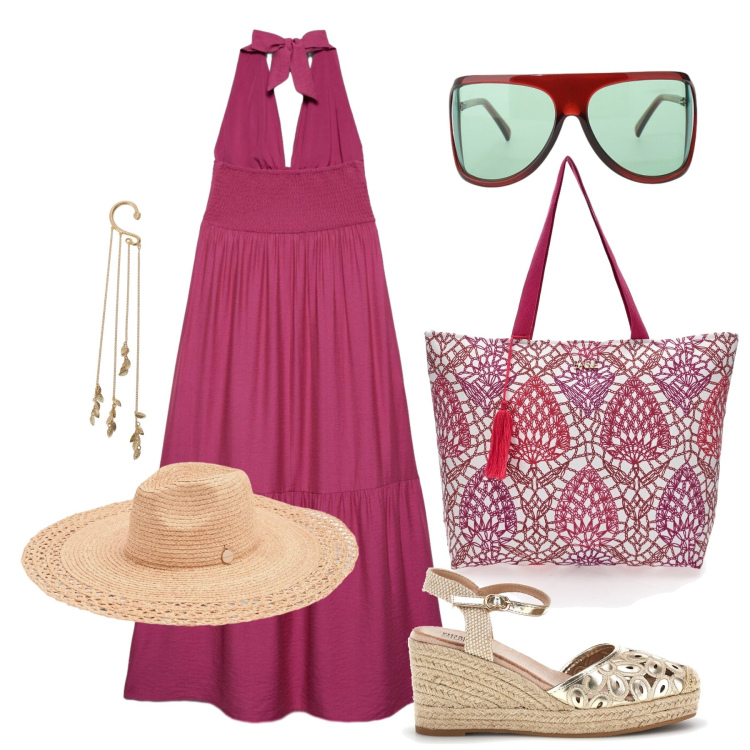Outfit donna - Agosto. Stile Trendy per Tutti i giorni. Abbinamento con vestiti lunghi, orecchini, occhiali da sole, cappelli, zeppe, shopping bag.