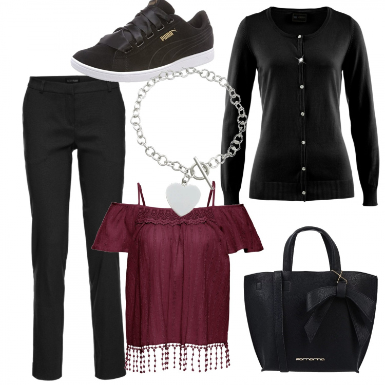 Outfit donna - Urban #2327. Stile Urban per Tutti i giorni. Abbinamento con pantaloni, cardigans, tunica con spalle scoperte, borsa a mano taglia media doppio manico interno sfoderato in pelle sintetica tinta unita, scarpe da ginnastica nero, bracciale.