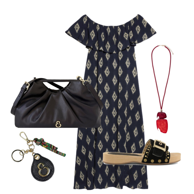 Outfit donna - Agosto. Stile Trendy per Tutti i giorni. Abbinamento con vestiti lunghi, ciondoli, clutch, portachiavi, ciabatte.