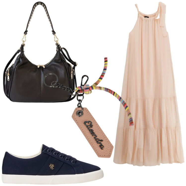 Outfit donna - Il maxi-dress per agosto. Stile Romantica per Serata fuori. Abbinamento con vestiti lunghi, sneakers, portachiavi, borse a spalla.