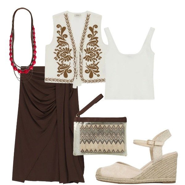 Outfit donna - Estate. Stile Casual chic per Serata fuori. Abbinamento con zeppe, pochette, top, gilet, gonne longuette, collane.