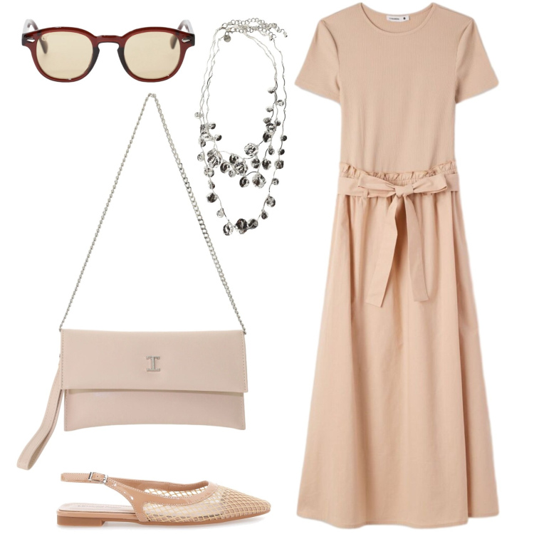Outfit donna - Maxidress. Stile Casual chic per Ufficio. Abbinamento con vestiti lunghi, collane, occhiali da sole, borse a tracolla, ballerine.