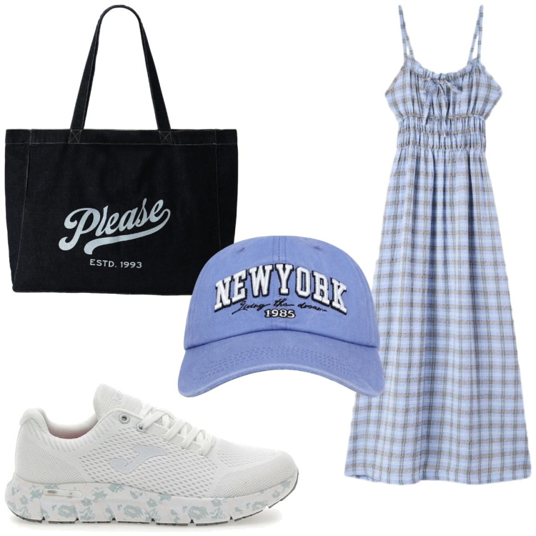 Outfit donna - Il maxi-dress per agosto. Stile Trendy per Tutti i giorni. Abbinamento con vestiti lunghi, cappelli, shopping bag, sneakers.