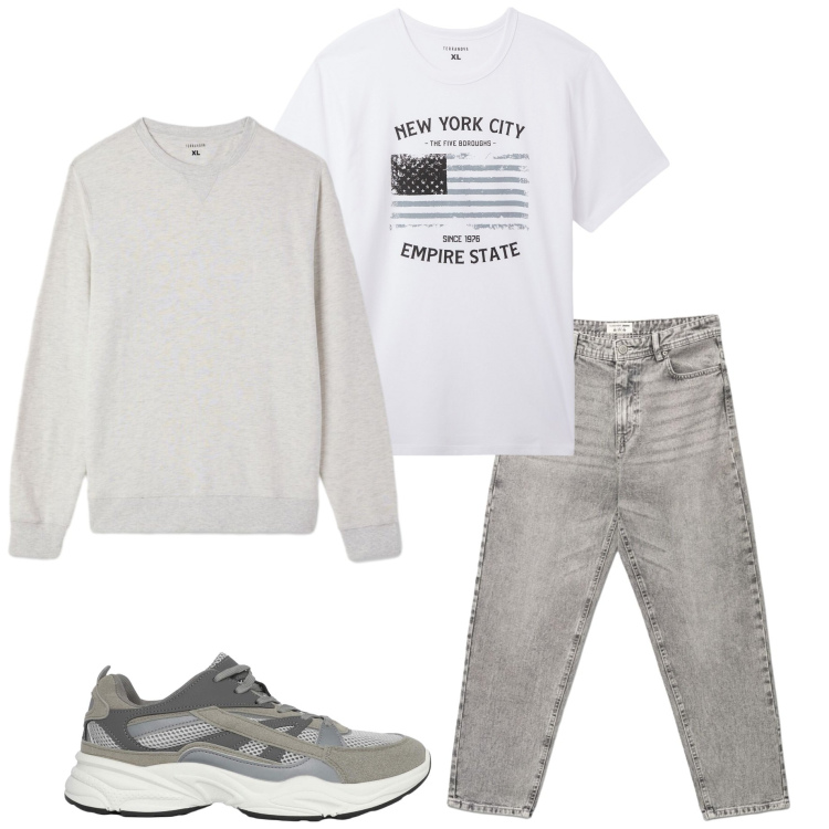 Outfit uomo - New York city. Stile Casual per Tutti i giorni. Abbinamento con t-shirt, felpe, sneakers, jeans.
