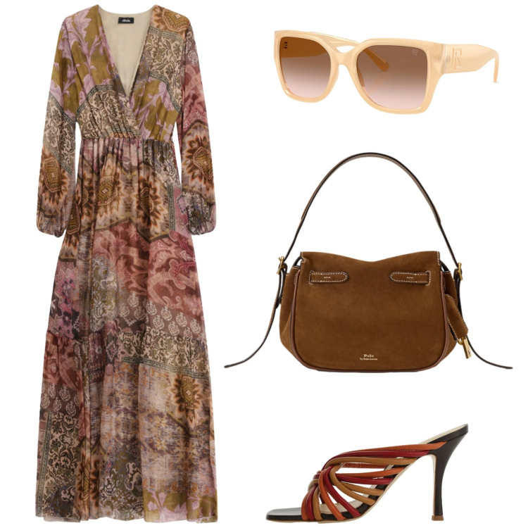 Outfit donna - Il pranzo all\' aperto. Stile Boho per Serata fuori. Abbinamento con vestiti lunghi, sandali col tacco, occhiali da sole, borse a mano.