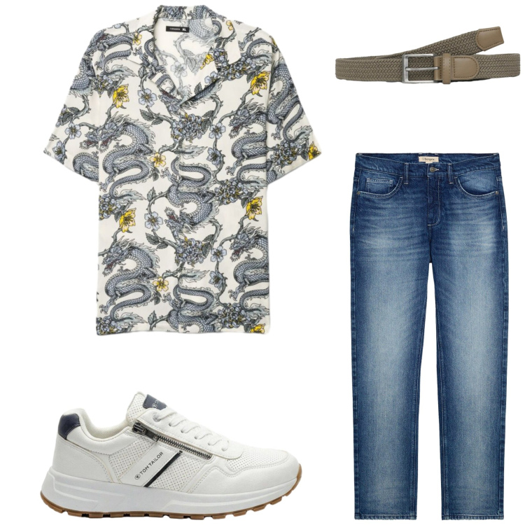 Outfit uomo - Agosto. Stile Casual per Tutti i giorni. Abbinamento con jeans dritti, sneakers, cinture, camicie a manica corta.