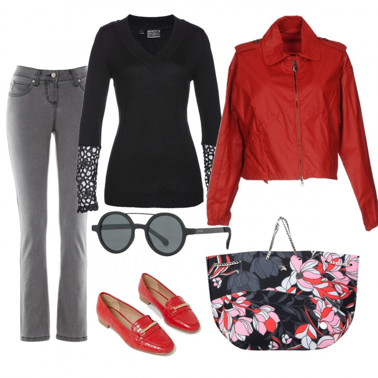 Outfit donna - Pomeriggio di shopping. Stile Urban per Tutti i giorni. Abbinamento con jeans slim fit, pullover con pizzo, borsa a mano mini fantasia floreale doppio manico interno foderato, giubbotto collo classico a maniche lunghe con zip interno sfoderato in cotone tinta unita, occhiali da sole lenti sfumate in montatura in metallo tinta unita, mocassini pianta larga rosso.