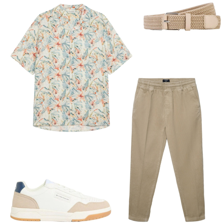Outfit uomo - Sere d\'estate. Stile Casual per Mare. Abbinamento con camicie a manica corta, cinture, sneakers, pantaloni.