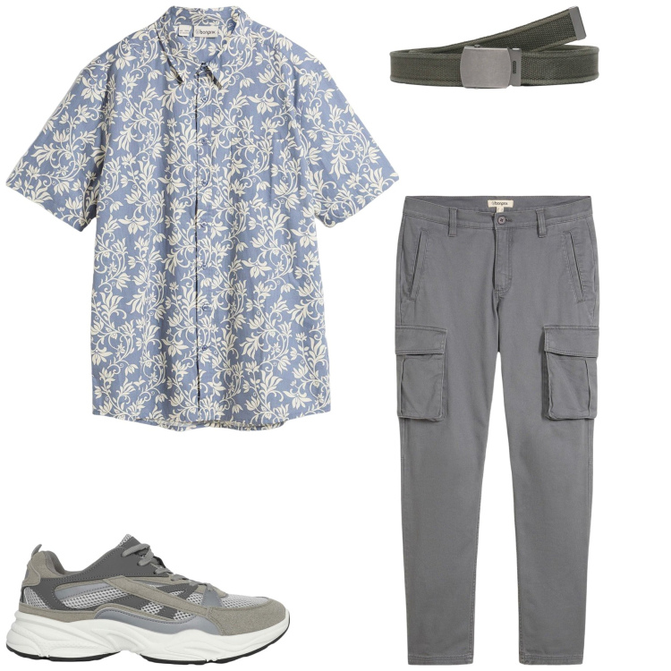 Outfit uomo - Sere d\'estate. Stile Casual per Tutti i giorni. Abbinamento con pantaloni cargo, camicie a manica corta, sneakers, cinture.