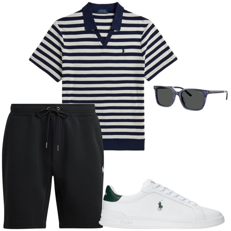 Outfit uomo - Vacanze in comodità. Stile Trendy per Serata speciale. Abbinamento con occhiali da sole, sneakers, bermuda, polo.