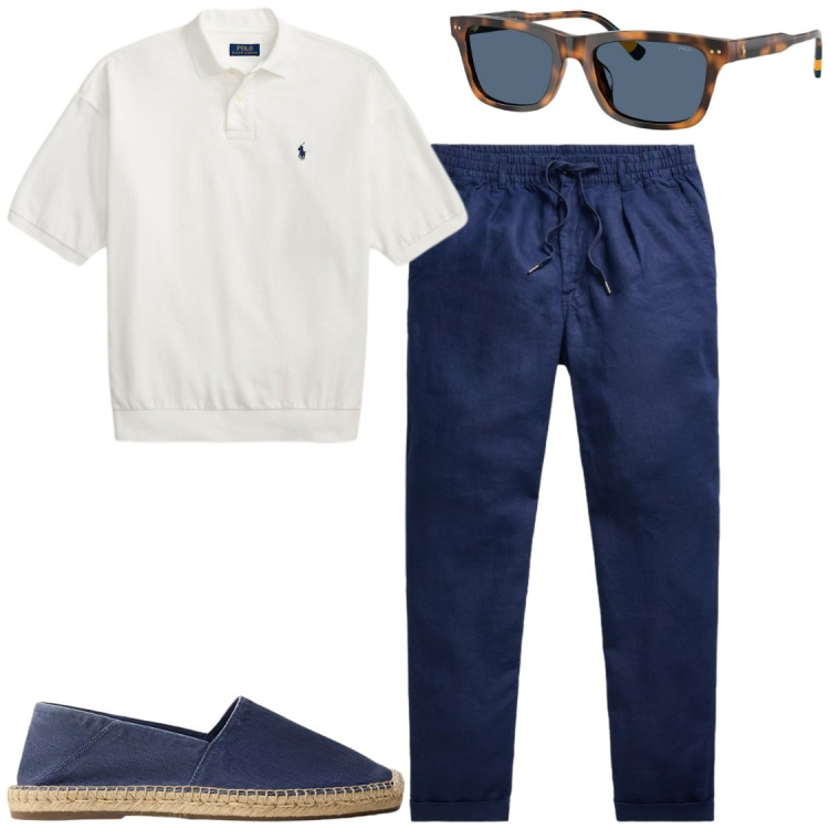 Outfit uomo - Look comodi e signorile. Stile Trendy per Serata speciale. Abbinamento con occhiali da sole, polo, espadrillas, pantaloni.