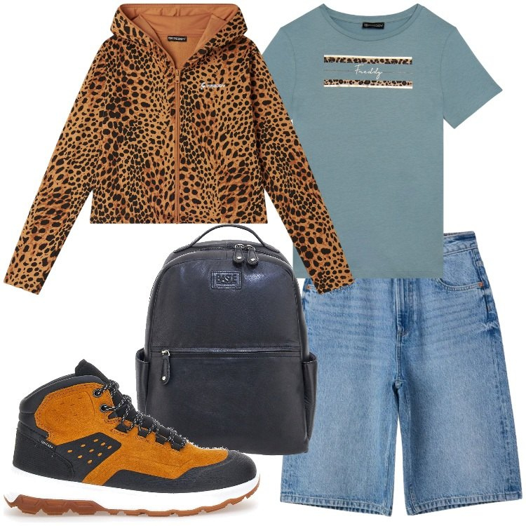 Outfit donna - In vetta con grinta. Stile Casual per Tutti i giorni. Abbinamento con bermuda, felpe con cappuccio, t-shirt, scarpe sportive, zaini.